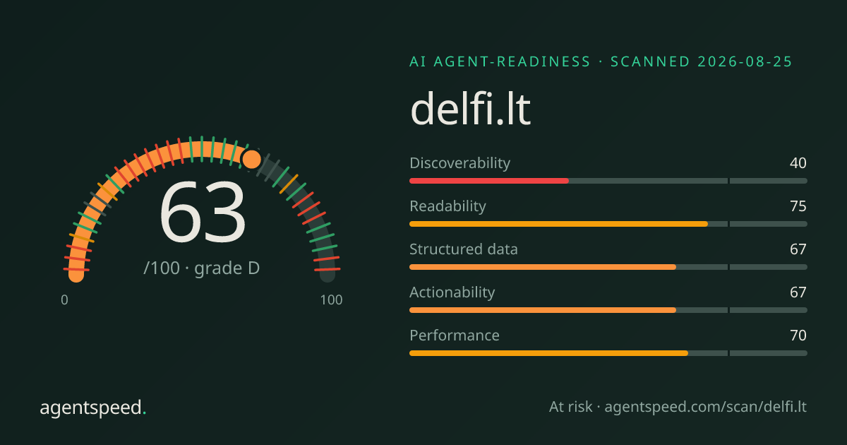 Share card for delfi.lt: 63 out of 100, grade D, under the published AgentSpeed rubric.