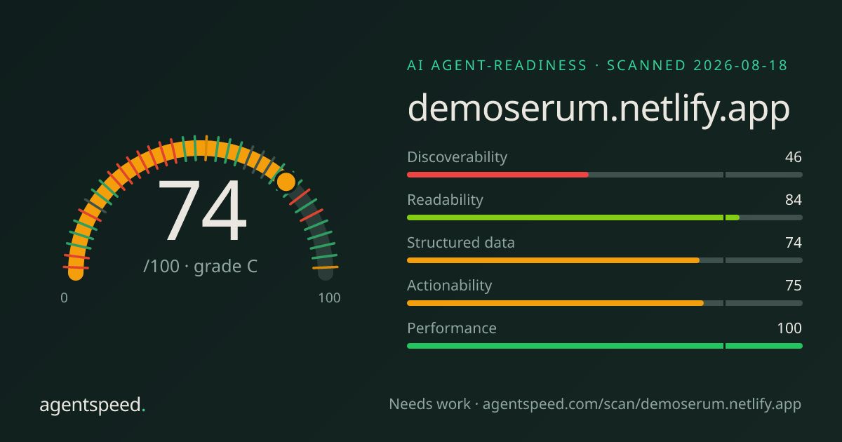Share card for demoserum.netlify.app: 74 out of 100, grade C, under the published AgentSpeed rubric.