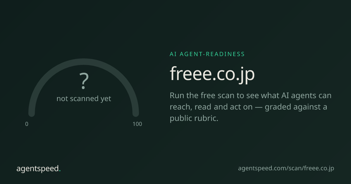 Share card for freee.co.jp: 74 out of 100, grade C, under the published AgentSpeed rubric.