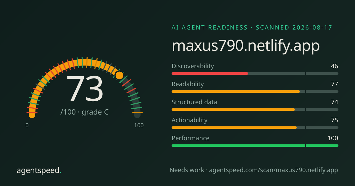 Share card for maxus790.netlify.app: 73 out of 100, grade C, under the published AgentSpeed rubric.