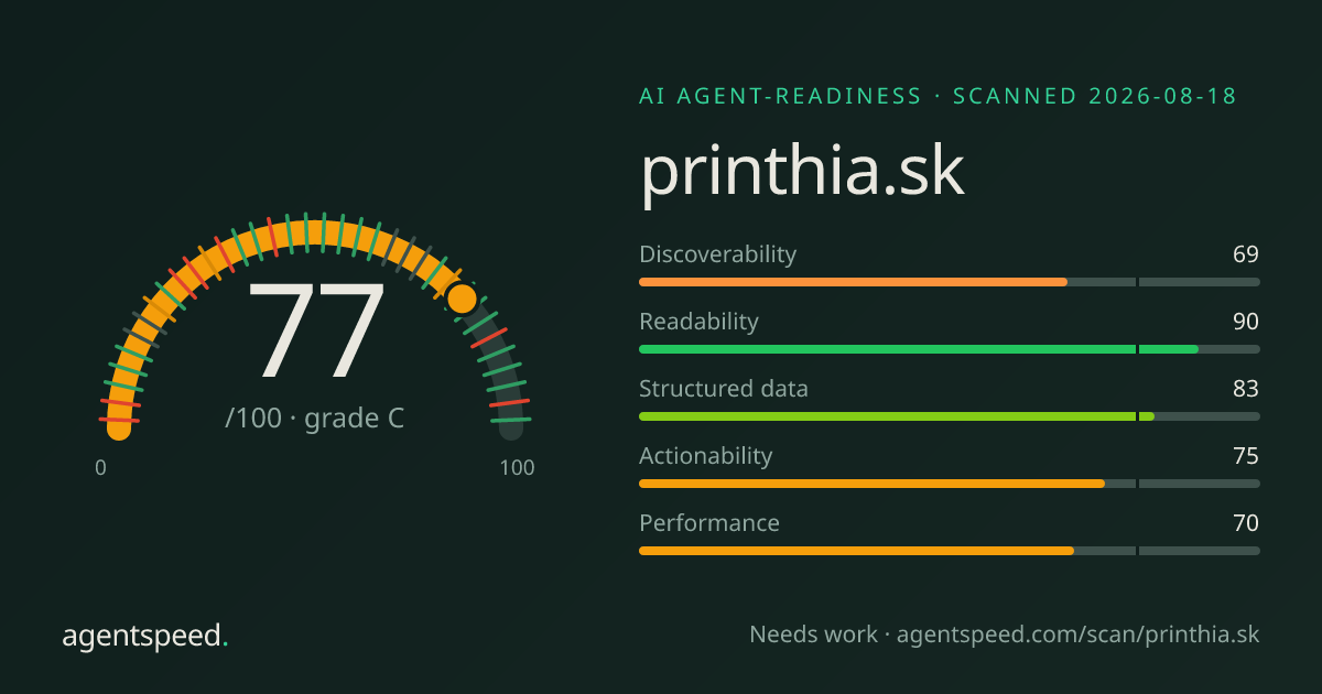 Share card for printhia.sk: 77 out of 100, grade C, under the published AgentSpeed rubric.