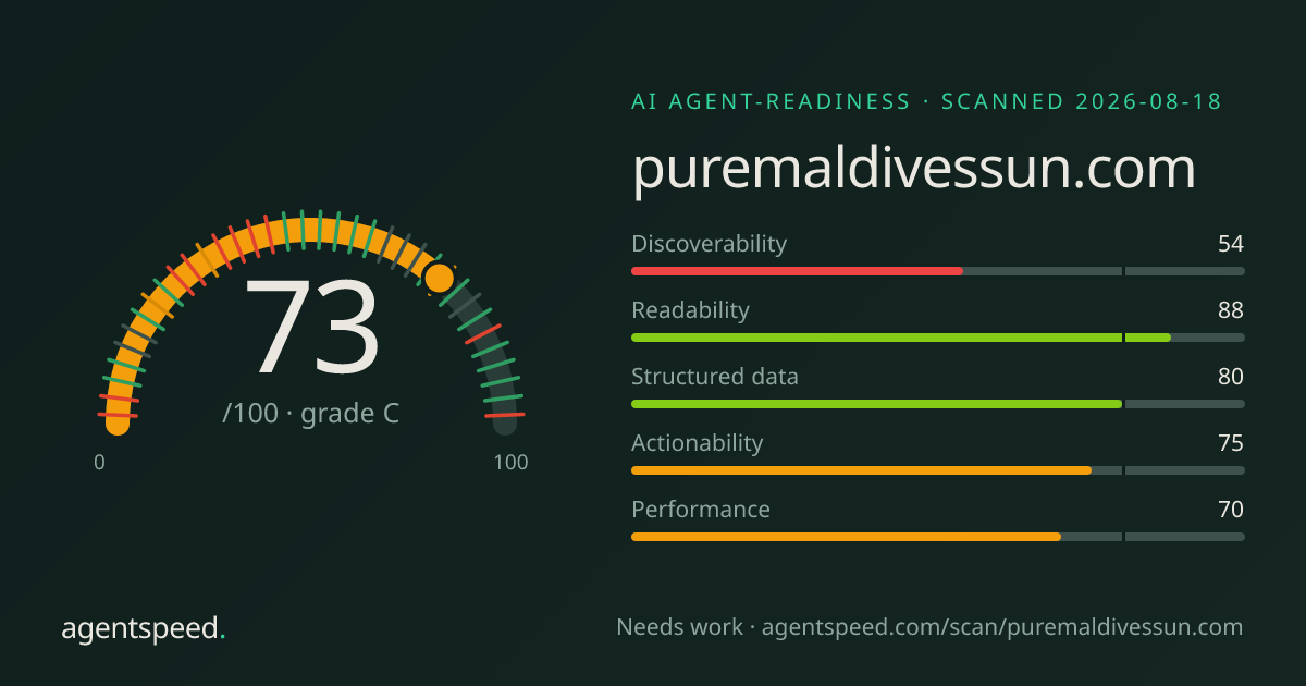 Share card for puremaldivessun.com: 73 out of 100, grade C, under the published AgentSpeed rubric.